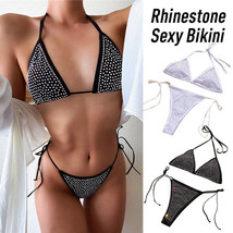 Women Sexy Bling Crystal Rhinestones Bikini Set Halter Bathing Suit Swimwear - £10.99 GBP
