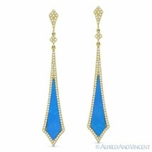 1.43 ct Blue Turquoise &amp; Diamond Pave 14k Yellow Gold Dangling Stiletto Earrings - £859.08 GBP