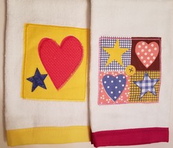 Kitchen Hand Towels set of 2 Embroidered Applique Hearts Stars Red Yello... - $12.99