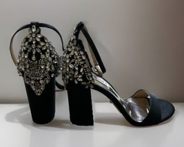 Badgley Mischka Ainsley Crystal Embellished Black Satin Heels Sandals 8.... - £67.16 GBP