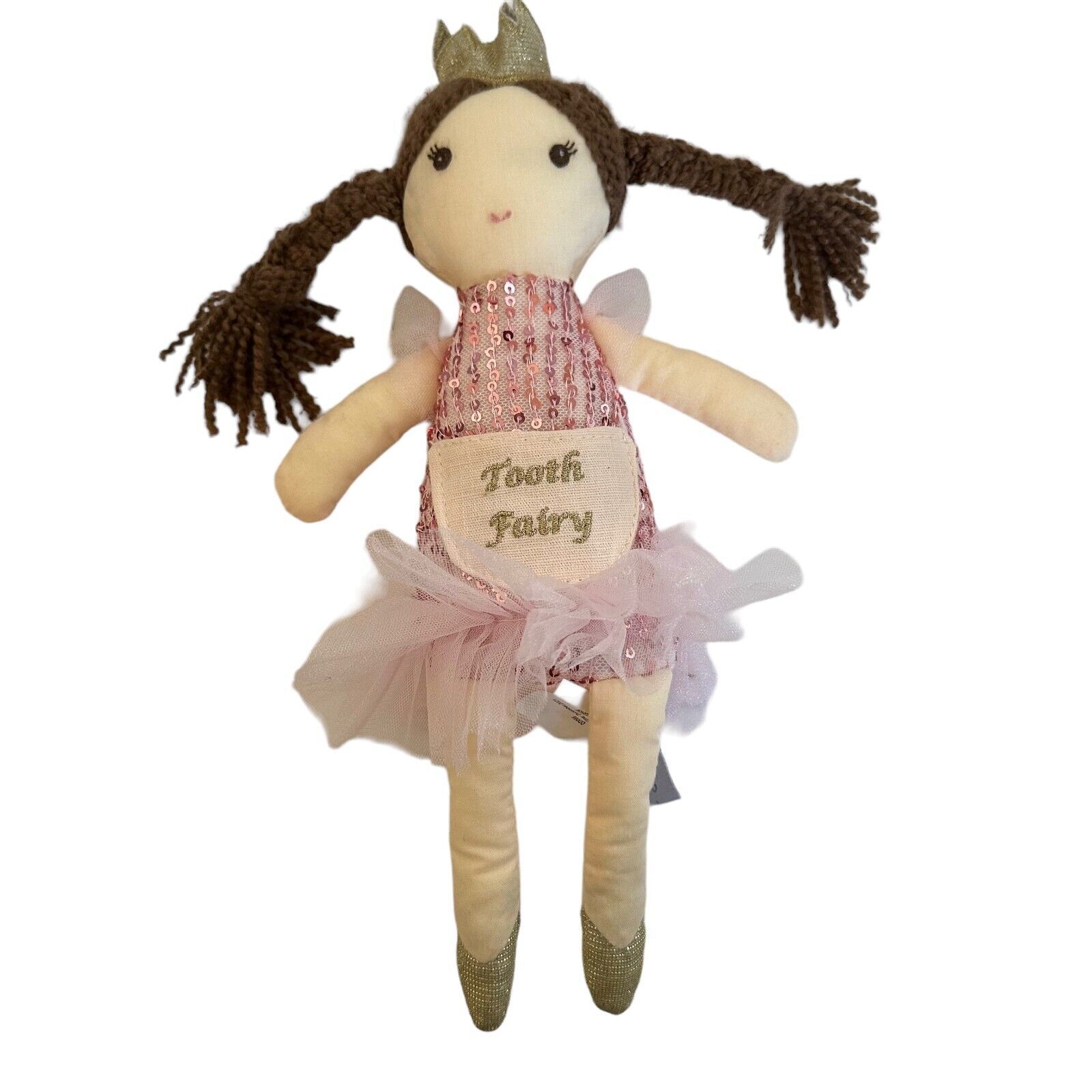 Maison Chic Tooth Fairy Baby Doll Pink Plush Stuffed Toy Braided Hair With Crown - $19.79