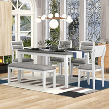 6 - Piece Dining Set, Includes Dining Table, 4 Upholstered Chairs &amp; Bench Wht&amp;Gr - £583.89 GBP