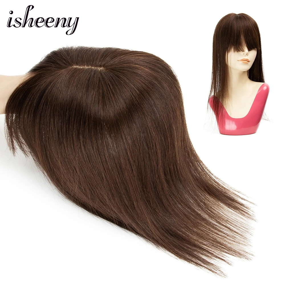 Isheeny 10&quot; 12&quot; 14&quot; Center Part Human Hair Pieces Brown Color Women Topper With - £21.71 GBP+
