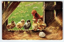 Hen Baby Chicks Cracked Egg Barn Signed Muller Germany Rustic Animals Ser 442 - £16.81 GBP