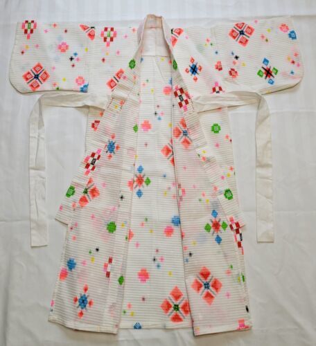 Vintage Japanese Child&#39;s Kimono With Colorful Geometric Diamond Pattern  - $24.74