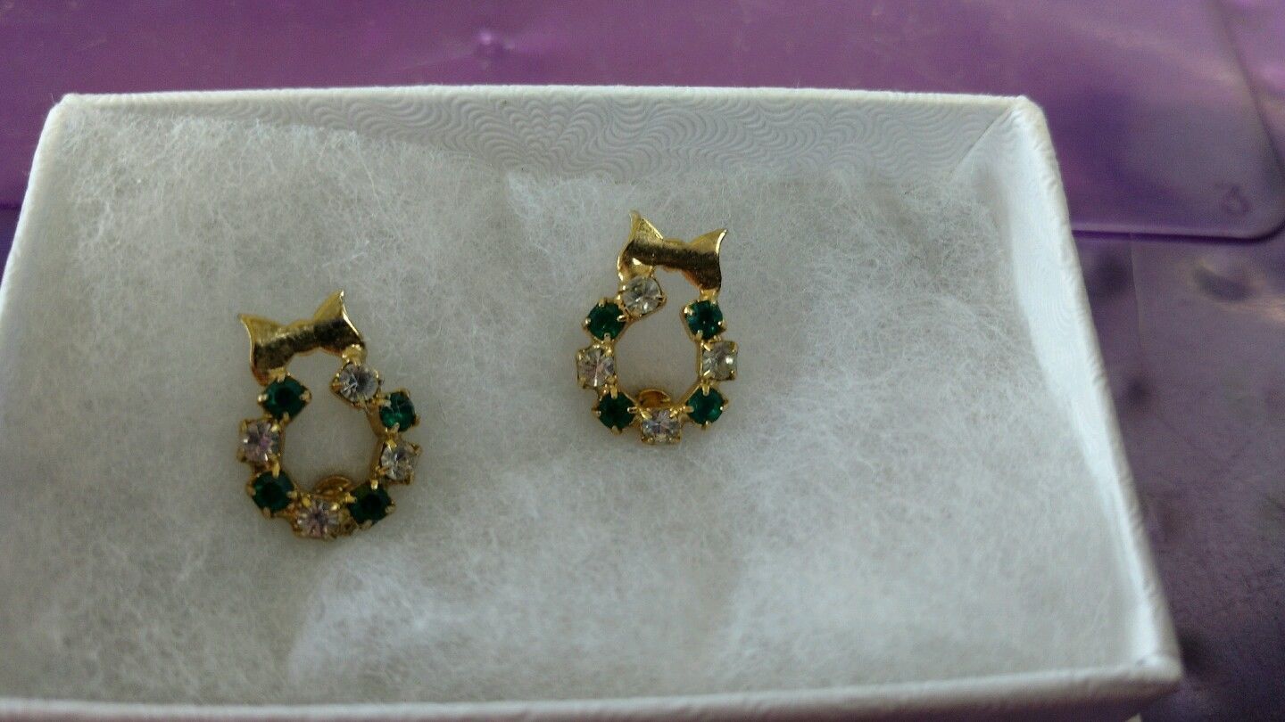 Green and White Jeweled Gold Tone Pierced Earrings - $5.00