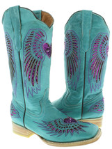 Womens Western Wear Boots Turquoise Leather Fuchsia Sequin Heart Wings S... - £65.90 GBP