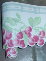 WAVERLY-Cherry Wallpaper Border Plaid-Blue-Dangling Cherries-Sculpted La... - $9.97