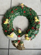 Ceramic Christmas Wreath Vintage HOLLY BERRY BIRDS PINECONES BELLS Holiday - $39.59