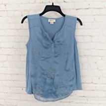 Style &amp; Co Top Womens Small Petite Blue Embroidered Sleeveless V Neck Boho - £14.45 GBP