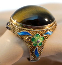 Antique Chinese Vermeil Filigree Ring with Enamel Nice Tiger Eye Stone - £96.69 GBP
