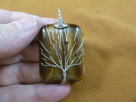 j472-81) Brown Tiger&#39;s eye Tree of Life rectangle gemstone wrapped wired pendant - £19.42 GBP