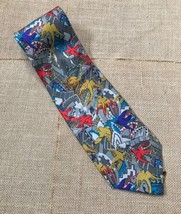 Funky Groovy Bold Perry Ellis Bird Silk Necktie Tie Gray Red Yellow Blue - $9.90