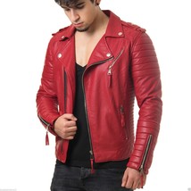  New Men&#39;s Leather Motorcycle Slim-fit Jacket Real Lambskin Soft Red Lea... - $143.99