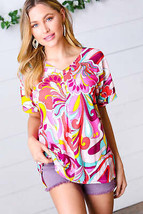 Orange &amp; Pink Geometric Floral V Neck Top - £10.95 GBP