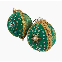 Vintage Push Pin Christmas Tree Ornaments Green Beaded Handmade Sequin Gold Trim - £18.94 GBP