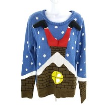 Santa Down the Chimney Christmas Sweater Womens Large Blue Red Ugly Acrylic Love - £14.79 GBP