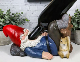 Whimsical Holiday Tipsy Drunk Garden Gnome Sleeping Near Squirrel Wine Holder - £30.52 GBP