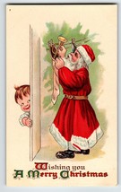 Santa Claus Christmas Postcard  Stocking Horn Child Peeks Gel John Winsch Back - £62.02 GBP