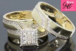 Genuine VVS1 Moissanite His and Her Bridal Wedding Trio Ring Sets with free Gift - £228.44 GBP