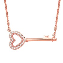 14K Rose Gold Plated 0.10 Ct Round Natural Diamond Heart Key Pendant Necklace - £73.13 GBP