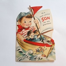 To A Fine Little Son On His Birthday Boy Puppy Boat Vintage Card Used Ha... - $25.74