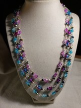 26-in 3 Tiered Necklace Blues Purples Pinks Rhinestone Spacers Handcrafted - $29.69
