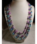 26-in 3 Tiered Necklace Blues Purples Pinks Rhinestone Spacers Handcrafted - £23.18 GBP