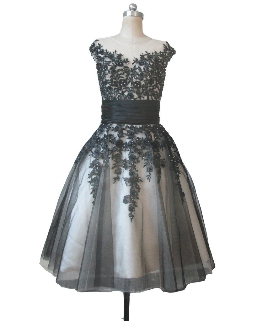 Kivary Beaded Short Gothic Sheer Tulle Champagne and Black Lace Prom Dresses US