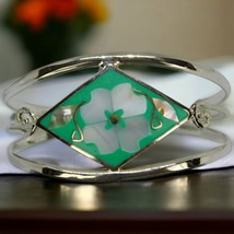 Vintage Alpaca Bracelet Cuff Floral Design Geometric Abalone MOP Small W... - $13.64
