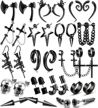 16 Pairs Stainless Steel Punk Y2K Black Dangle Earrings for Men, Axe Skull Screw - £18.74 GBP