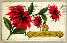 Poinsettia Blossoms A Happy Christmas Textured Embossed 1912 DB Postcard - £3.05 GBP