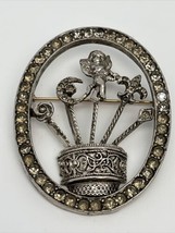 Unique Vintage? Silver Brooch Pin Oval Angel Moon Flower Pot Crystal Rhinestones - £20.47 GBP