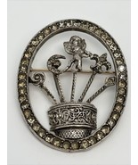 Unique Vintage? Silver Brooch Pin Oval Angel Moon Flower Pot Crystal Rhi... - £20.61 GBP