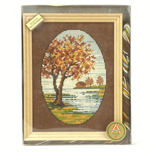 Vintage Cross Stitch Kit Hand Printed Pattern Tapex Austria Fall Scene Frame - £34.83 GBP