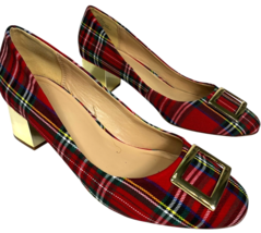 Crown &amp; Ivy women&#39;s Red Plaid Fabric Beckie Shoes Gold Heels &amp; Buckle si... - $21.75