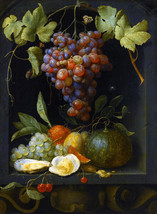 Framed Canvas Art Print Still Life Grapes Melon Plums Oysters In A Stone Niche - £31.64 GBP+