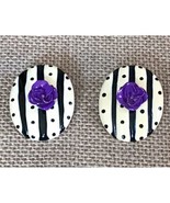 Vintage Funky Whimsical Oval Striped Polka Dot Purple Rose Statement Ear... - $15.84