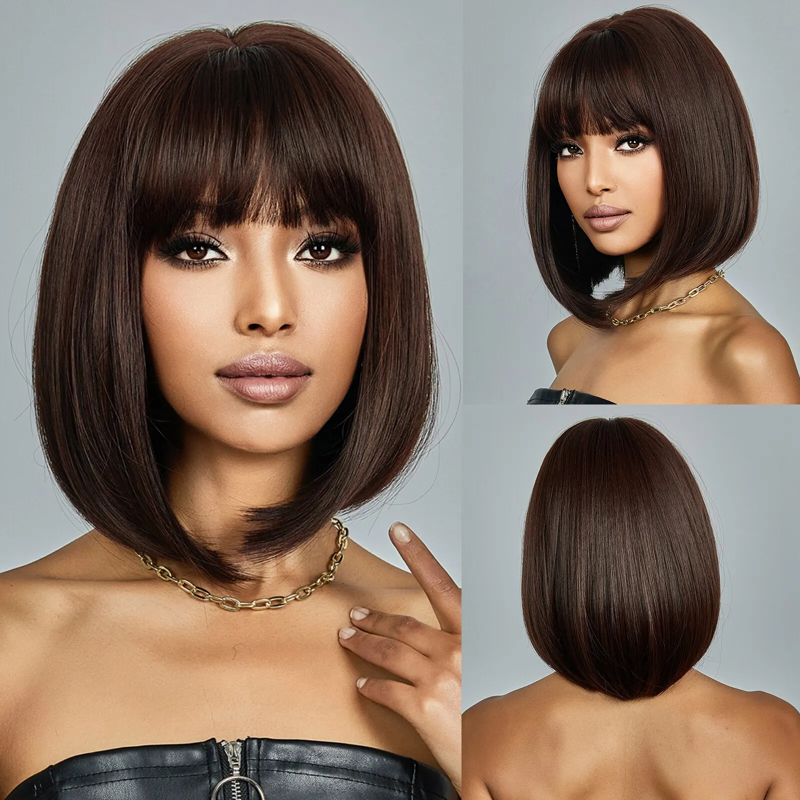 Short straight wig for black women dark brown bob wigs with bangs natural cosplay daily thumb200