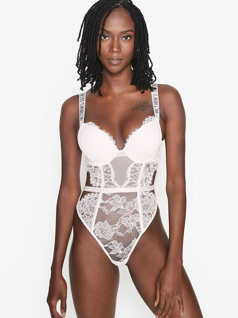 NWT Victoria's Secret 32A 32B XS BOMBSHELL TEDDY bodysuit WHITE LACE SHINE STRAP