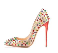 Fashion Women Slip on Shoes Summer Orange Colorful Rivet Stiletto Heel Pumps Fem - £134.63 GBP
