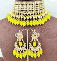 India Bollywood Oro Chapado Vidrio Kundan Gargantilla Amarillo Collar Joyas Set - £22.35 GBP