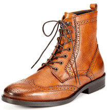 High Ankle Burnished Brogue Toe Handmade Brown Genuine Leather Lace Up Men Boots - £121.29 GBP