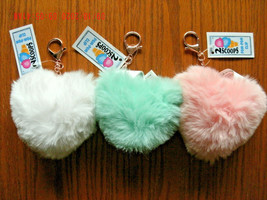 NEW Fuzzy Plush Heart Pom Pom Clip pink white or green 4&quot; keychain backpack acc. - £2.01 GBP