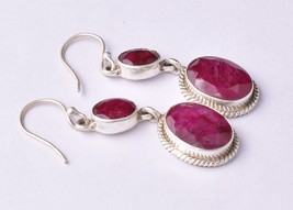 925 Sterling Silver Ruby Gemstone Artisan Bezel Dangle Earrings Women Party Wear - £64.91 GBP