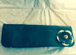 NOIR NYC Black Leather Clutch w/ Flower Adornment Gold Chain SZ M - £35.48 GBP