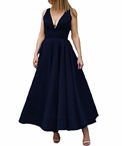 Kivary V Neck Ankle Length Corset Backless Formal Prom Evening Dress Dark Navy U