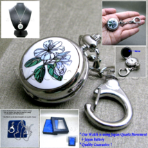 Pendant Watch Silver Color Pocket Watch Enamel Color 2 Ways Necklace + K... - $19.99