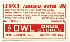 1 Antique Pharmacy Label AMMONIA WATER Poison w/ Skull Owl Drug Stores Muncie IN - £20.23 GBP