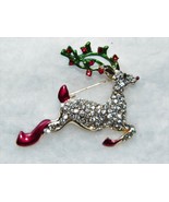 XMAS IN JULY!! Gold Rhinestone Reindeer Brooch Christmas Pin 1 3/4&quot; REDU... - £7.11 GBP